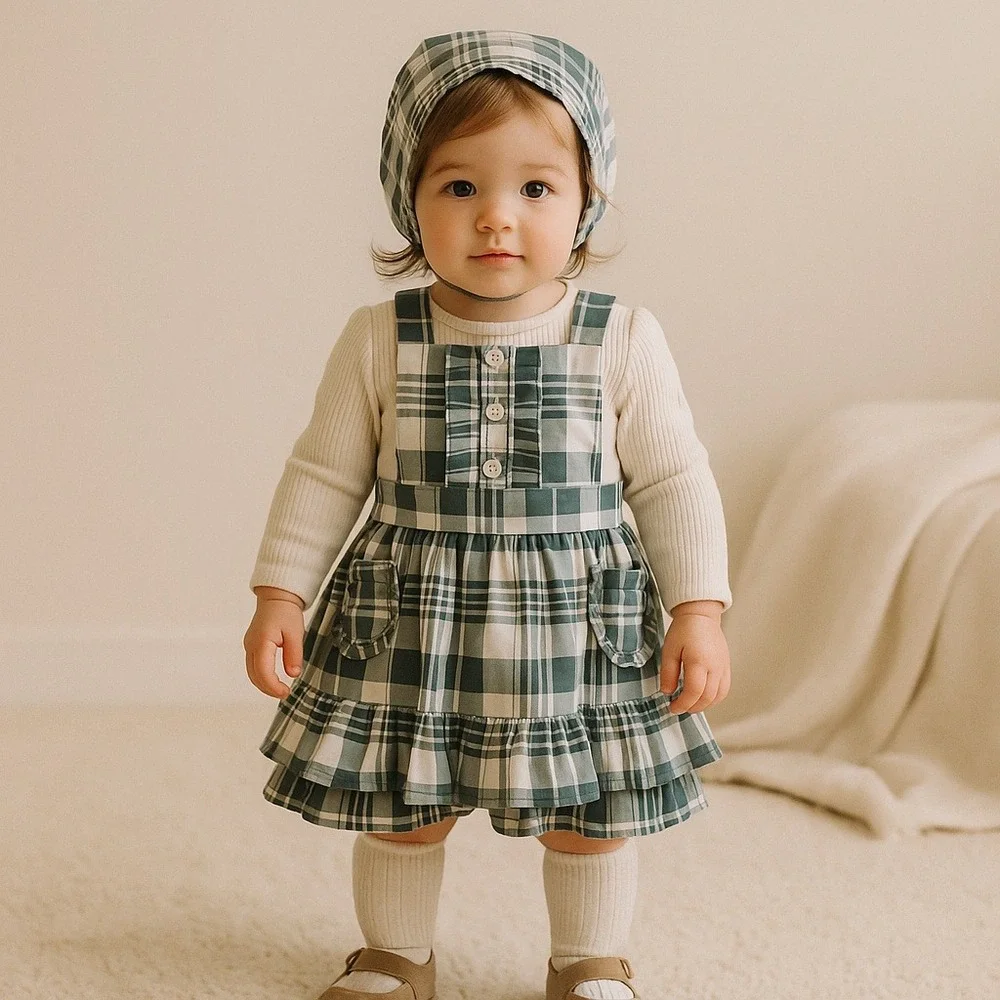 NEW Kate Quinn Girls‎ 12-18M Penelope Green Plaid Pinafore Dress and Bonnet Set